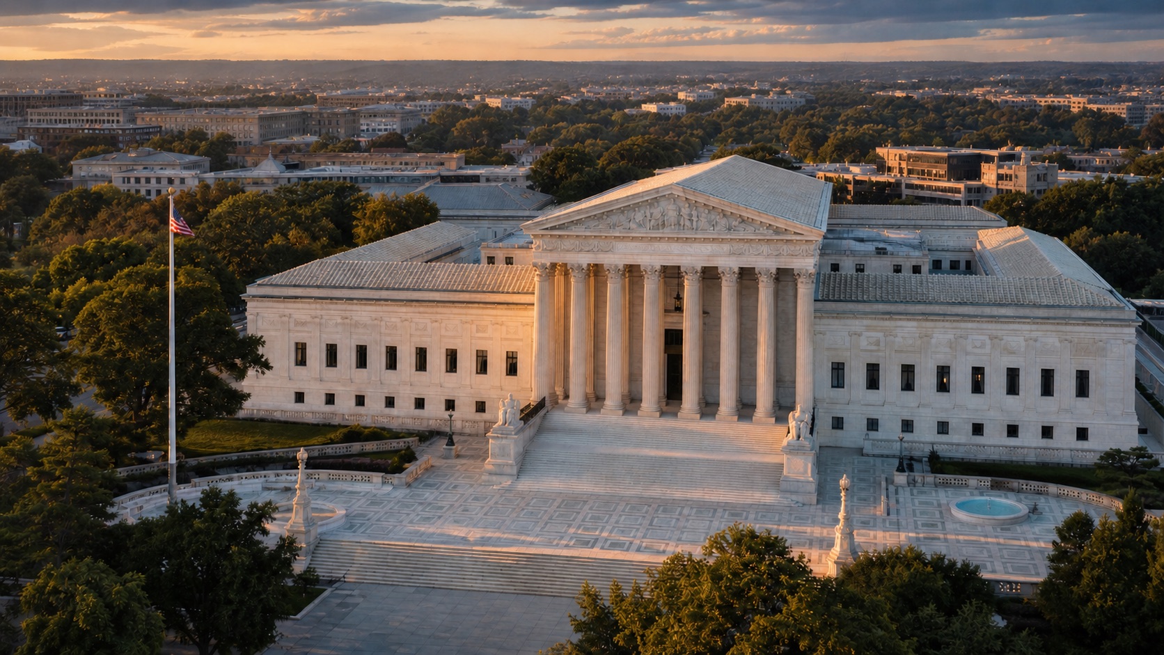 A cinematic aerial approach toward the United States Supreme Court at golden hour