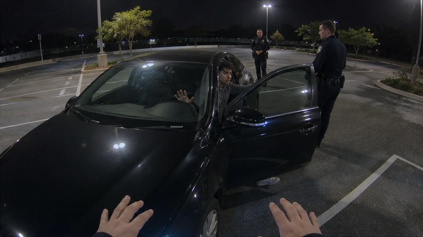Fictional Officer Lee body-camera view across the hood from the passenger side